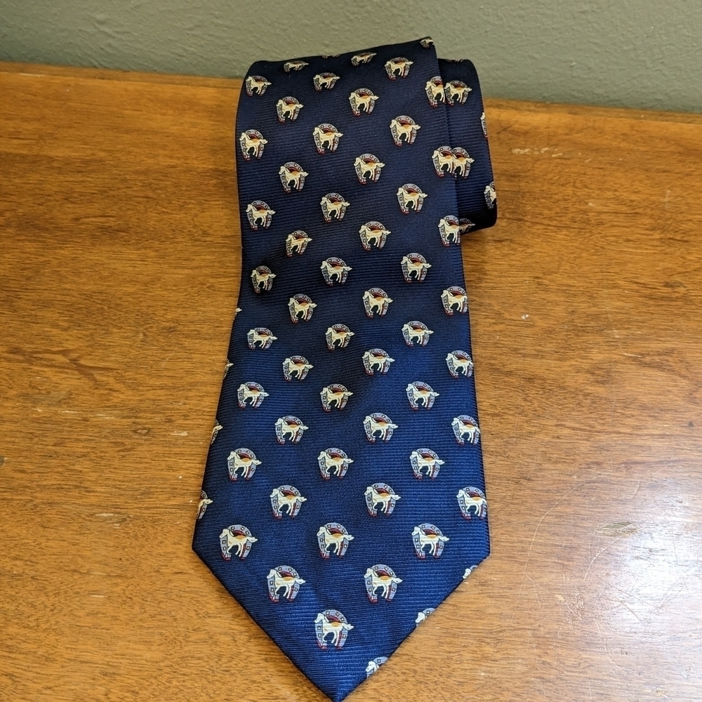 Vintage Navy Blue Silk Horse and Horseshoe novelty print
